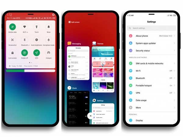 realme os user interface images with notification panel, multitasker and settings menu.