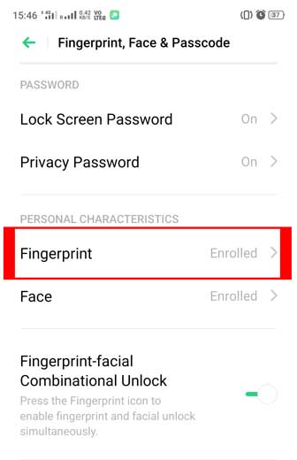 click on fingerprint option to open hidden apps with fingerprint in realme