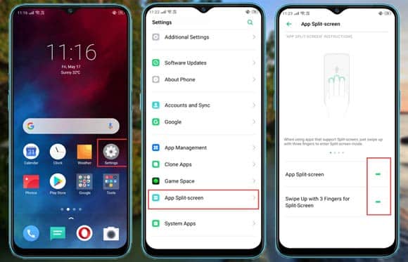 how to enable split screen with 3 fingers slide up option in realme android mobile