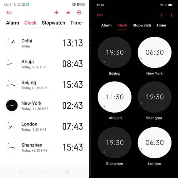 ColorOS 6 vs ColorOS 7 Clock app compare