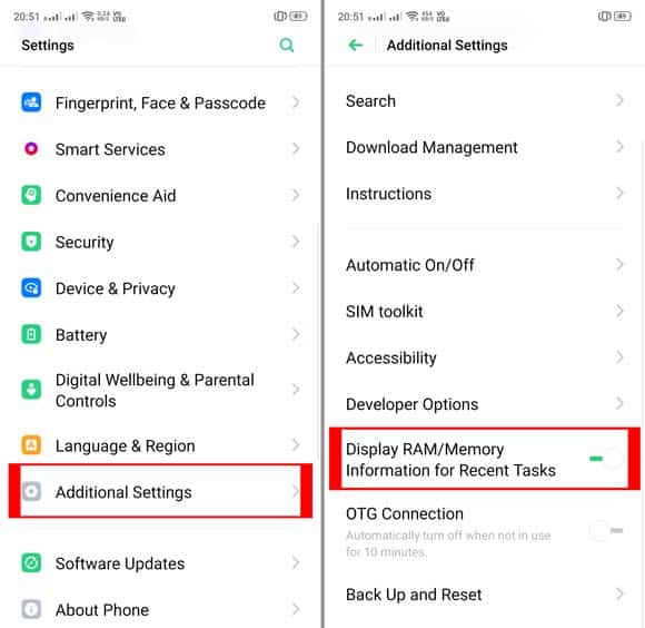 how to enable RAM memory information in realme