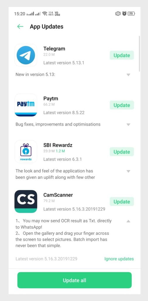 oppo app store App updates option
