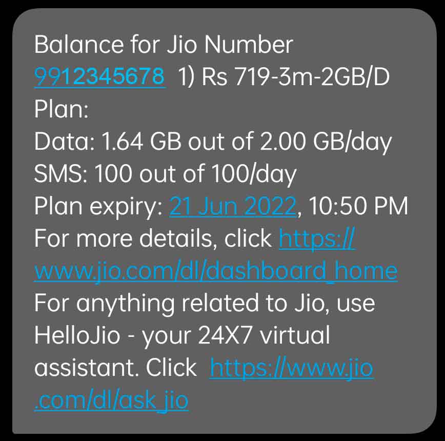 check jio internet data balance and plan validity without app on sms