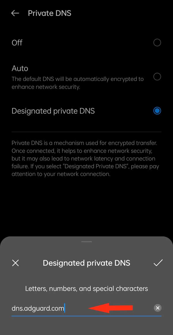 set designated private dns url for adguard