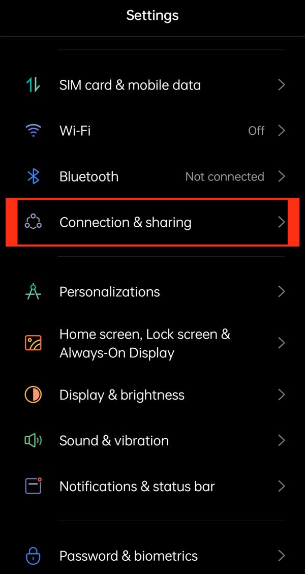 connection and sharing in android system settings