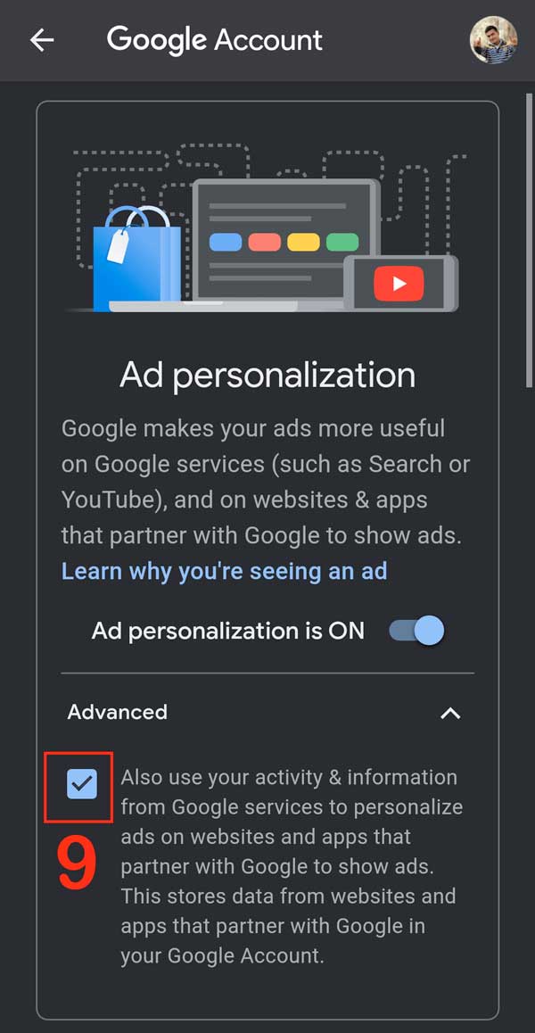 unselect advanced option under ad personalization