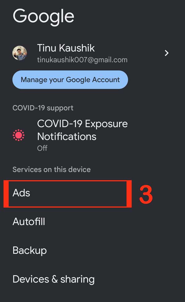 ads option in google account settings