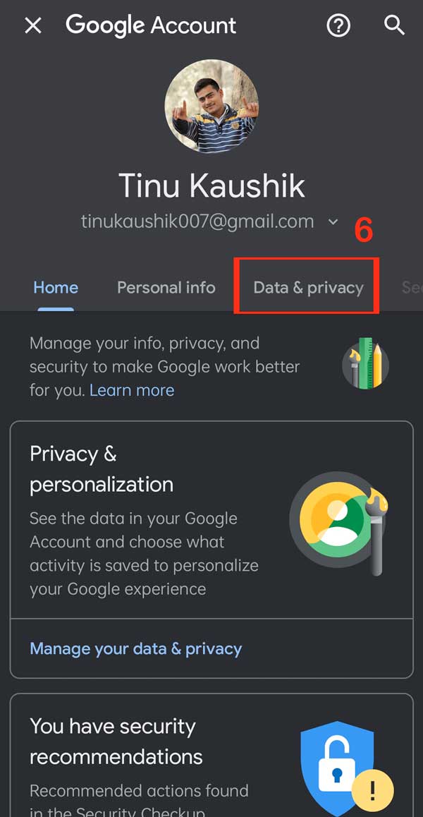 data & privacy option under manage your google account
