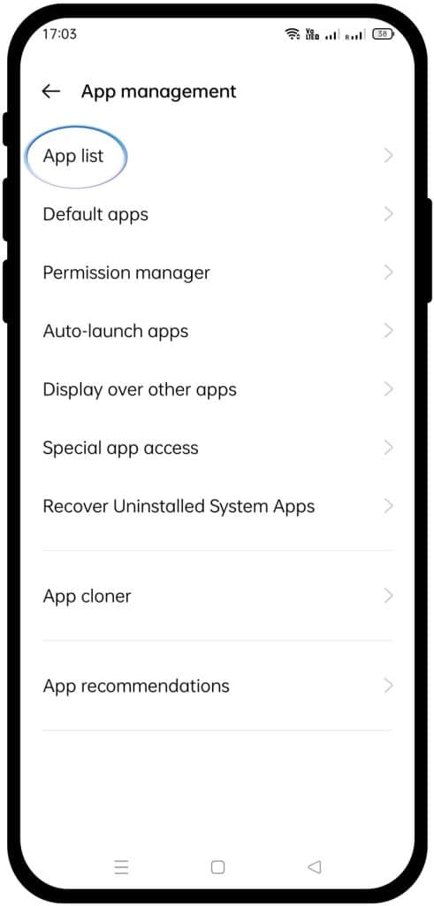 app list option in settings in realme